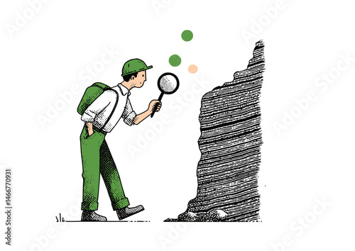 Geologist examining a rock, detailed vector illustration with strata layers and magnifying lens flare