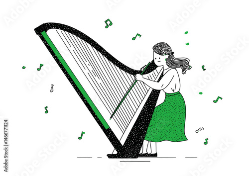 Harpist plucking strings, graceful vector art with flowing hair, musical notes floating