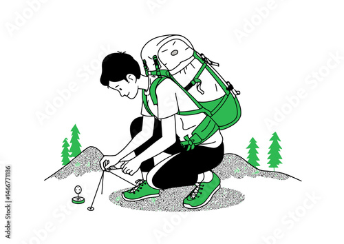Hiker adjusting a backpack, outdoor vector design with compass details and mountain silhouette