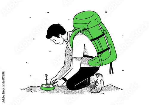 Hiker adjusting a backpack, outdoor vector design with compass details and mountain silhouette