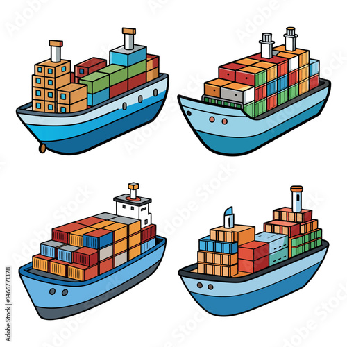a vector container cargo ship set, essential for maritime freight and global logistics, showcases its capacity for shipping containers across the ocean