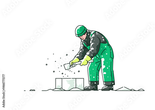 Ice sculptor chiseling a block, frosty vector design with translucent ice, sparkling highlights