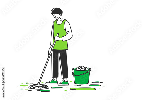 Janitor mopping the floor, minimalist vector design with wet floor reflections and bucket suds