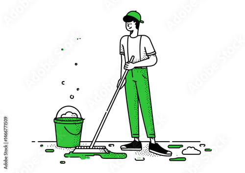 Janitor mopping the floor, minimalist vector design with wet floor reflections and bucket suds