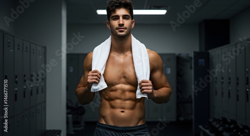 Handsome man with towel over shoulders, post-workout look