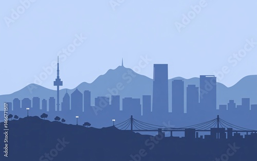 autumn Seoul, South Korea, Misty City Skyline Silhouette