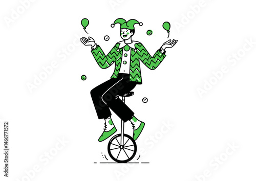 Jester juggling while riding a unicycle, playful vector art with zigzag patterns, jingling bells