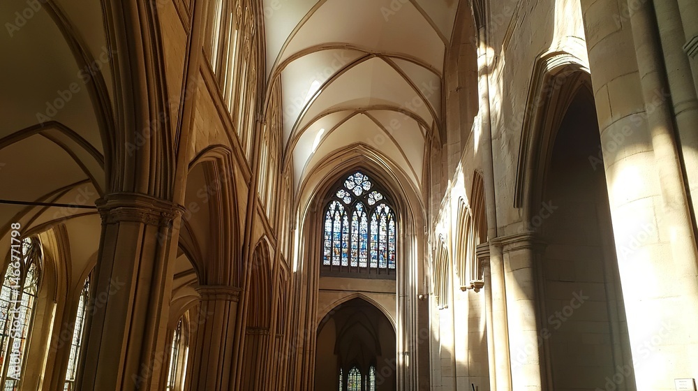 Fototapeta premium Wakefield Cathedral's transept, intersecting Gothic arches and clerestory windows bathed in natural light, shadows creating depth, interior shot highlighting architectural complexity. 