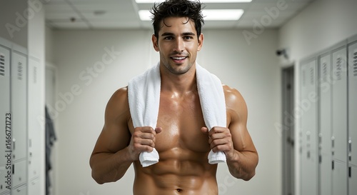 Handsome man with towel over shoulders, post-workout look