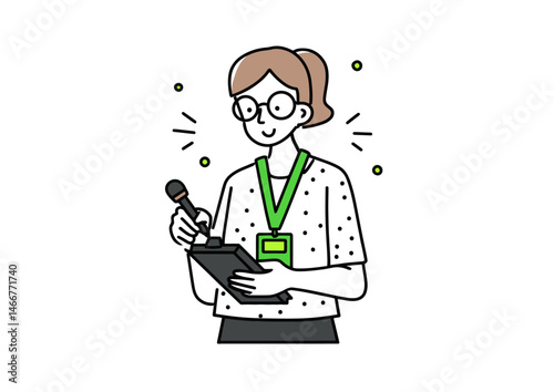 Journalist taking notes, crisp vector illustration with press badge and scribbled notepad