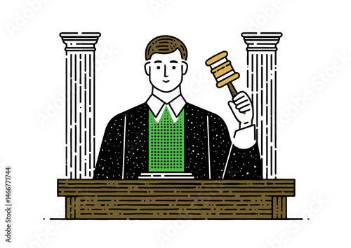 Judge banging a gavel, authoritative vector illustration with wood grain texture and courtroom pillars