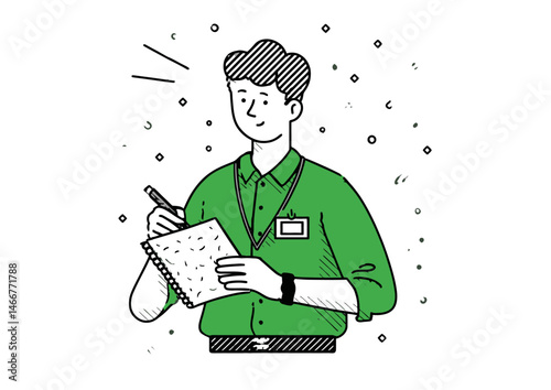 Journalist taking notes, crisp vector illustration with press badge and scribbled notepad