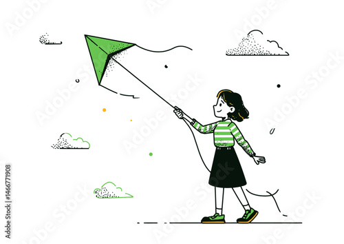 Kite flyer holding a string in the wind, breezy vector illustration with fluttering kite, cloud details
