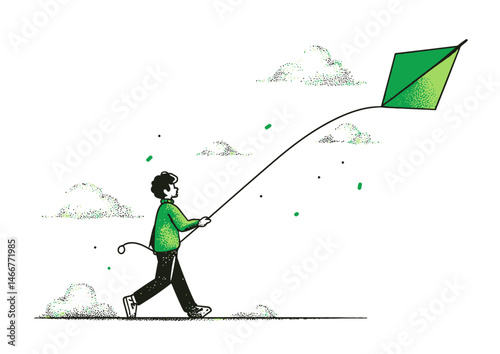 Kite flyer holding a string in the wind, breezy vector illustration with fluttering kite, cloud details