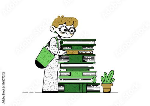 Librarian stacking books, cozy vector design with wooden shelves and paper texture
