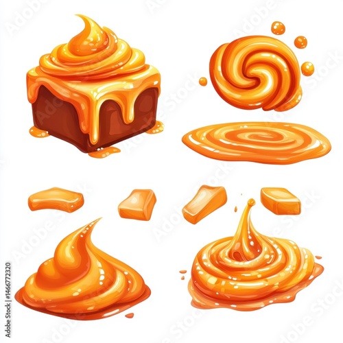 Sweet Caramel Candy Set Illustration on White Background Delicious Toffee Swirls and Pieces Close Up Still Life