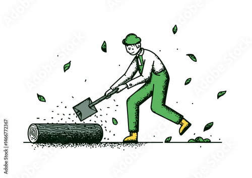 Lumberjack chopping wood, minimalist vector art with sharp angles, wood chips flying