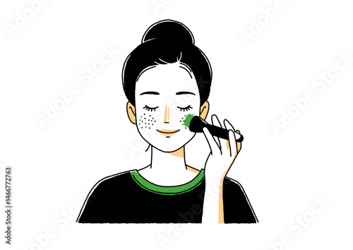 Makeup artist applying foundation, clean vector illustration with soft gradients, precise brush strokes