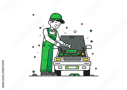 Mechanic fixing a car engine, industrial vector illustration with grease smudges and tool shadows