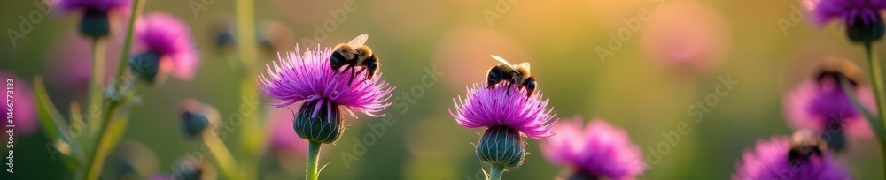 Busy bees pollinating vibrant purple thistle blossoms , honeybee, garden, wildlife Busy bees pollinating vibrant purple thistle blossoms , honeybee, garden, wildlife