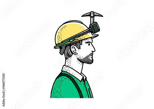 Miner wearing a headlamp, gritty vector illustration with coal dust and pickaxe shadows