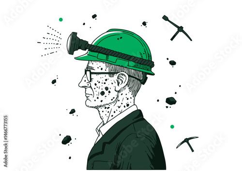 Miner wearing a headlamp, gritty vector illustration with coal dust and pickaxe shadows