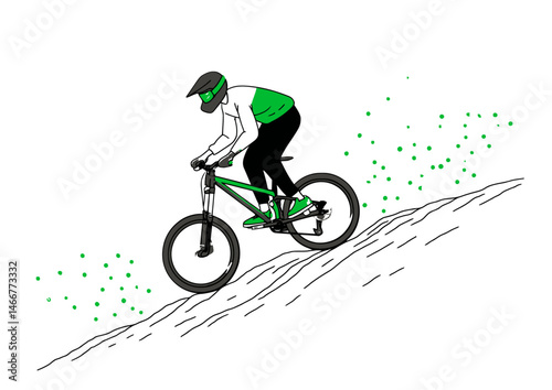 Mountain biker jumping a ramp, dynamic vector illustration with motion lines, vibrant colors