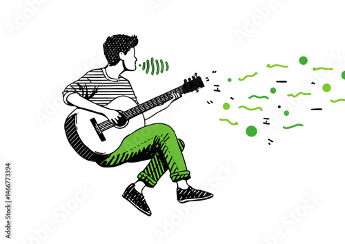 Musician strumming a guitar, dynamic vector art with sound waves and finger-position details