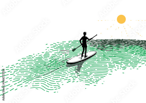 Paddleboarder balancing on water, serene vector art with wave ripples, sunset reflections