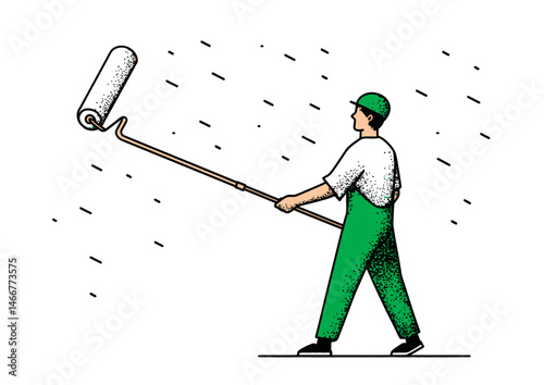 Painter rolling a wall, textured vector design with paint drips and roller streaks
