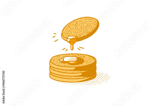 Pancake artist flipping batter, fun vector art with syrup drips, golden-brown texture