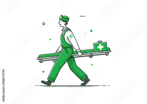 Paramedic lifting a stretcher, urgent vector design with medical cross and uniform folds