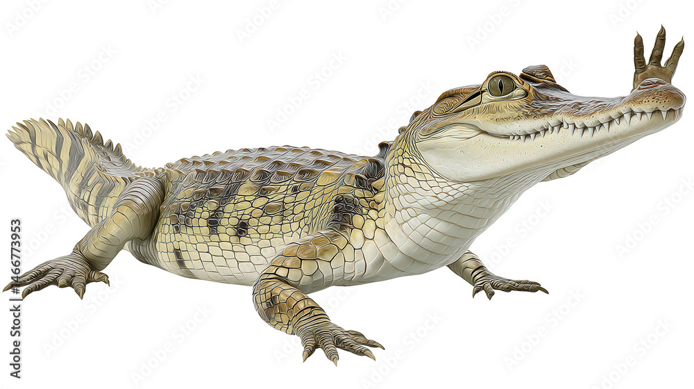 Naklejka premium A young caiman with scaly skin and teeth poses on a white background looking upwards curiously alone now.