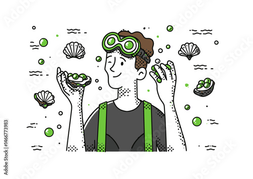 Pearl diver holding an oyster, aquatic vector illustration with iridescent pearls, ocean bubbles
