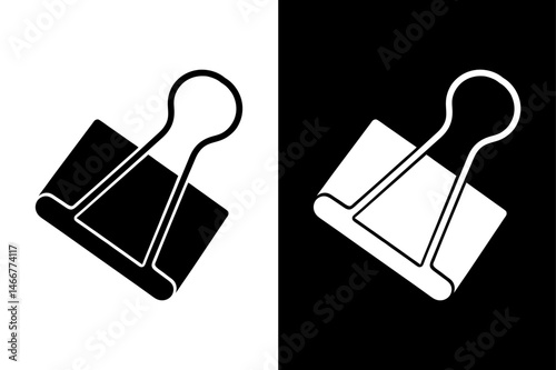 Black Binder Clip Vector Icon Simple Office Silhouette on White.
