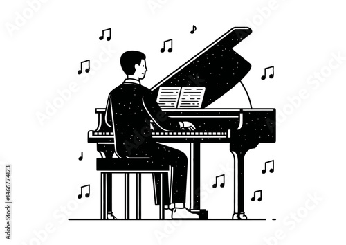 Pianist playing a grand piano, elegant vector illustration with floating musical notes and polished keys