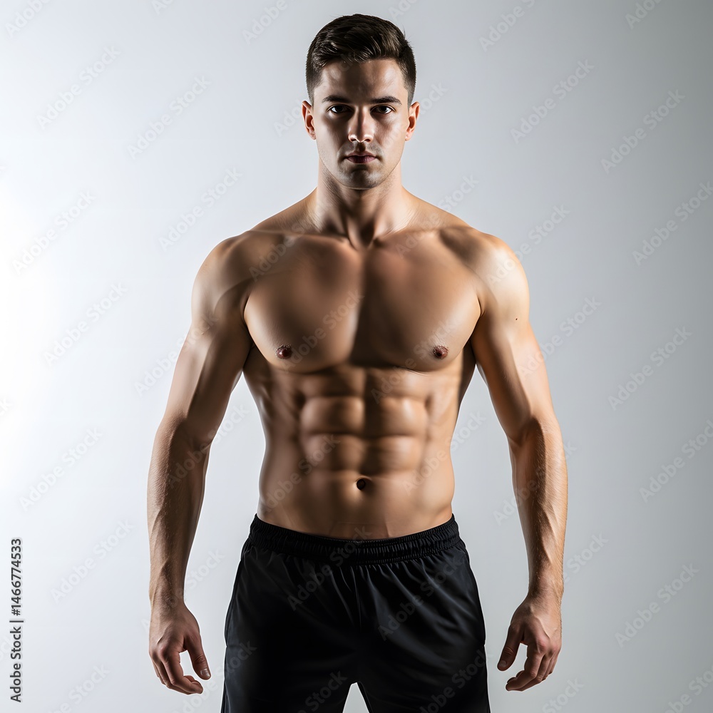Fototapeta premium Shirtless muscular man showing six-pack abs, white studio background