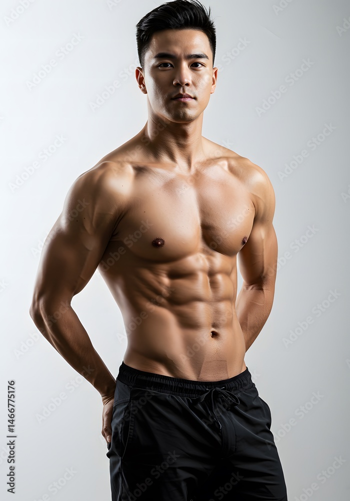 Fototapeta premium Shirtless muscular man showing six-pack abs, white studio background