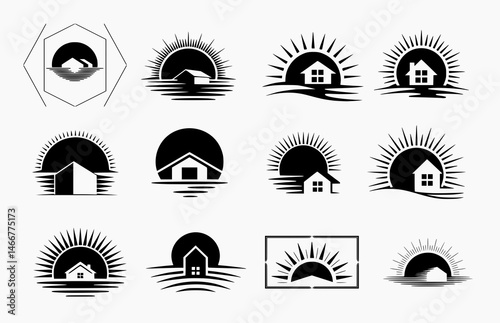Collection of house silhouettes with rising sun logos perfect for real estate branding, solar energy companies, and home construction businesses