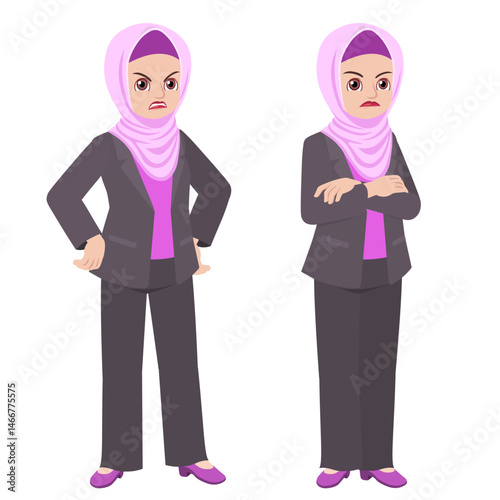 Business woman wearing hijab and suit jacket standing crossed arms unhappy cartoon vector design illustration