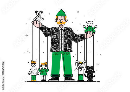 Puppeteer moving marionettes, whimsical vector illustration with strings, wooden texture