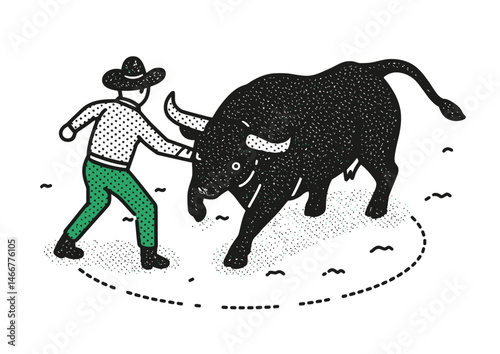 Rodeo clown distracting a bull, bold vector illustration with dusty arena, exaggerated gestures