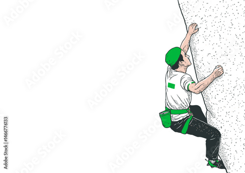 Rock climber gripping a ledge, gritty vector illustration with chalk dust and harness straps
