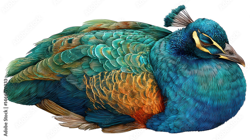 Obraz premium A beautifully detailed illustration of a peacock resting peacefully with vibrant blue and green feathers shown.
