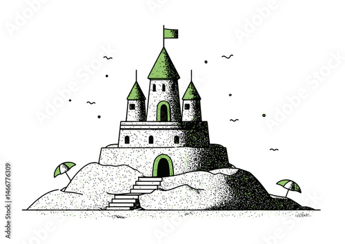 Sand sculptor shaping a castle, textured vector illustration with grainy sand effects, seaside backdrop