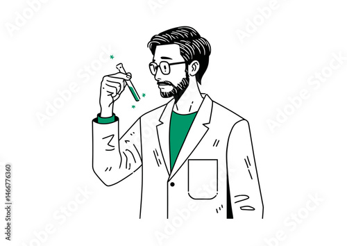 Scientist examining a test tube, sleek vector illustration with glowing liquid, lab coat wrinkles, and precise details