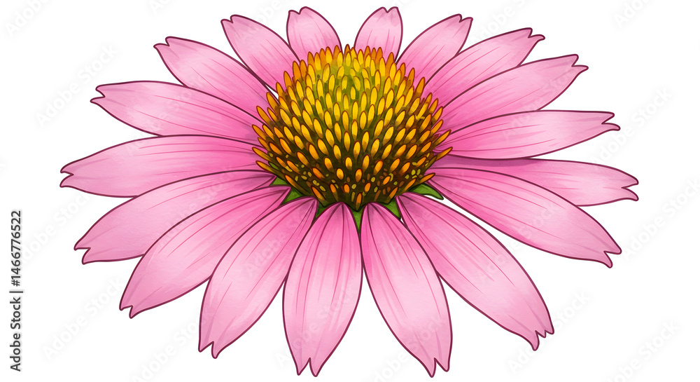 Obraz premium Close-Up Of Pink Coneflower With Yellow Center And Green Base Isolated Against White