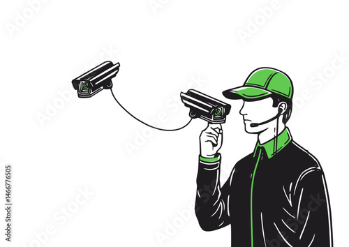 Security guard monitoring cameras, sleek vector design with screen glows and earpiece details