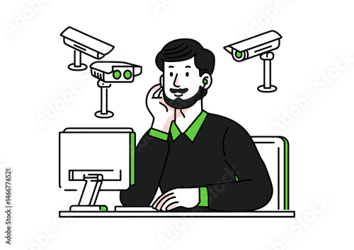 Security guard monitoring cameras, sleek vector design with screen glows and earpiece details