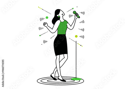 Singer holding a microphone, glamorous vector design with stage lights and sound waves